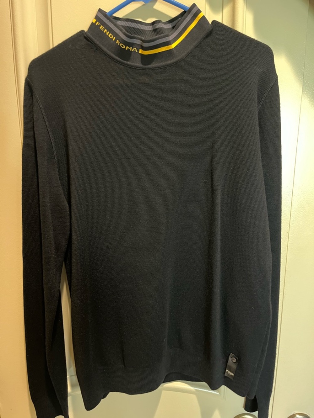 Fendi Men's Black Knit Sweater with Branded Collar